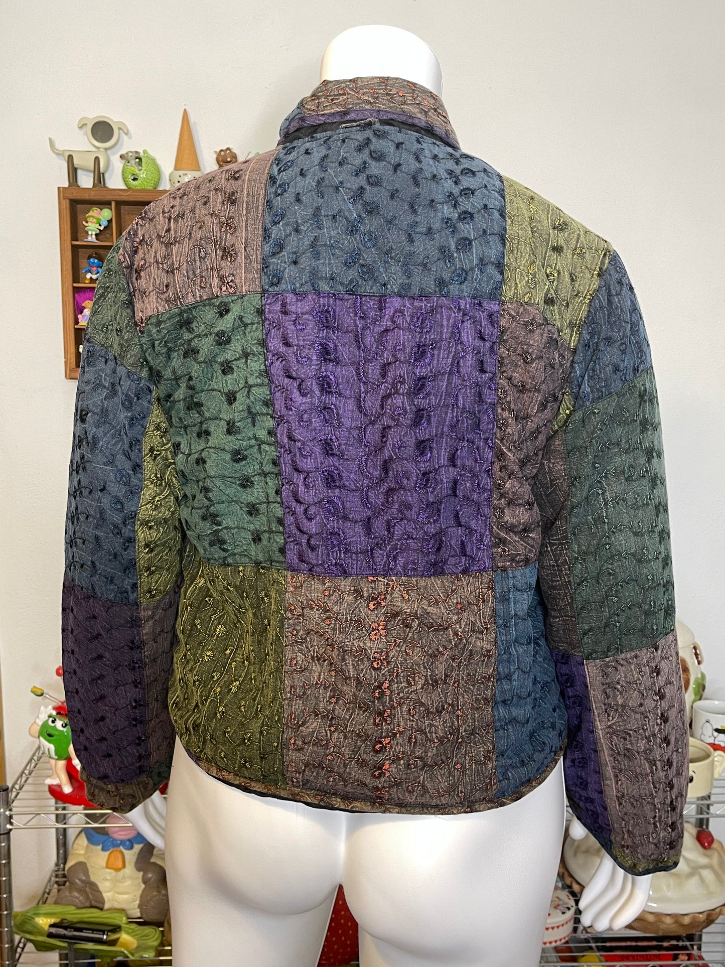 Colorful Eyelet Patchwork Collared Jacket Sz XL