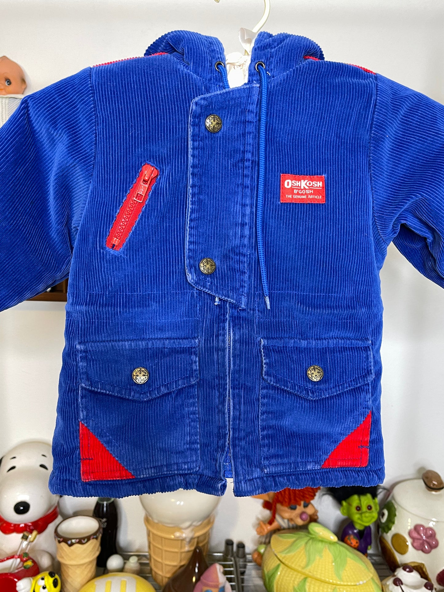 Vintage Oshkosh B'Gosh Blue Red Corduroy Sherpa Lined Hooded Kids Jacket Size 2T
