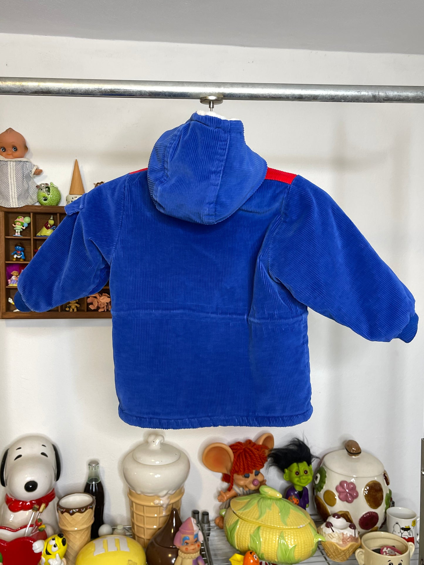 Vintage Oshkosh B'Gosh Blue Red Corduroy Sherpa Lined Hooded Kids Jacket Size 2T