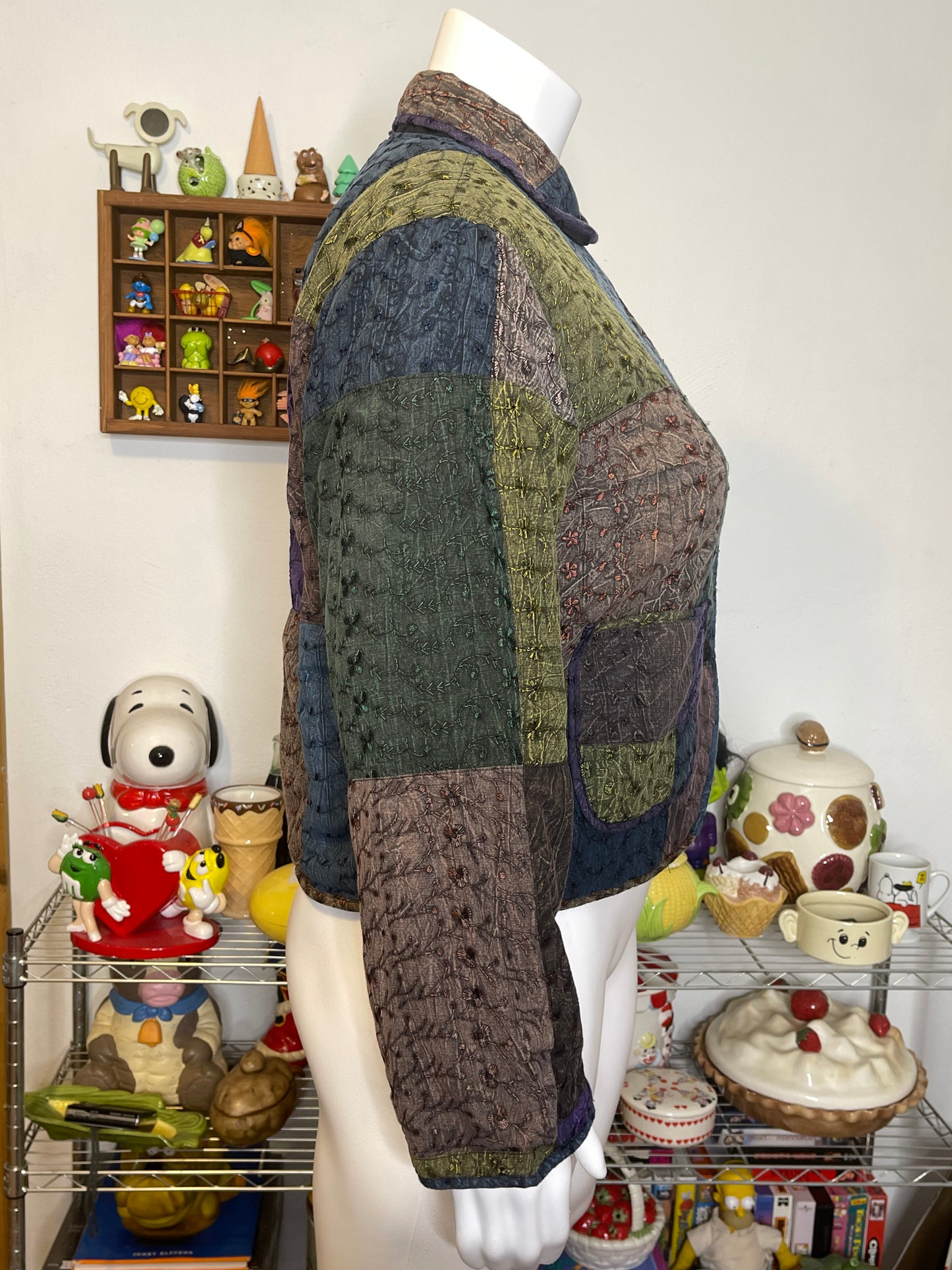 Colorful Eyelet Patchwork Collared Jacket Sz XL