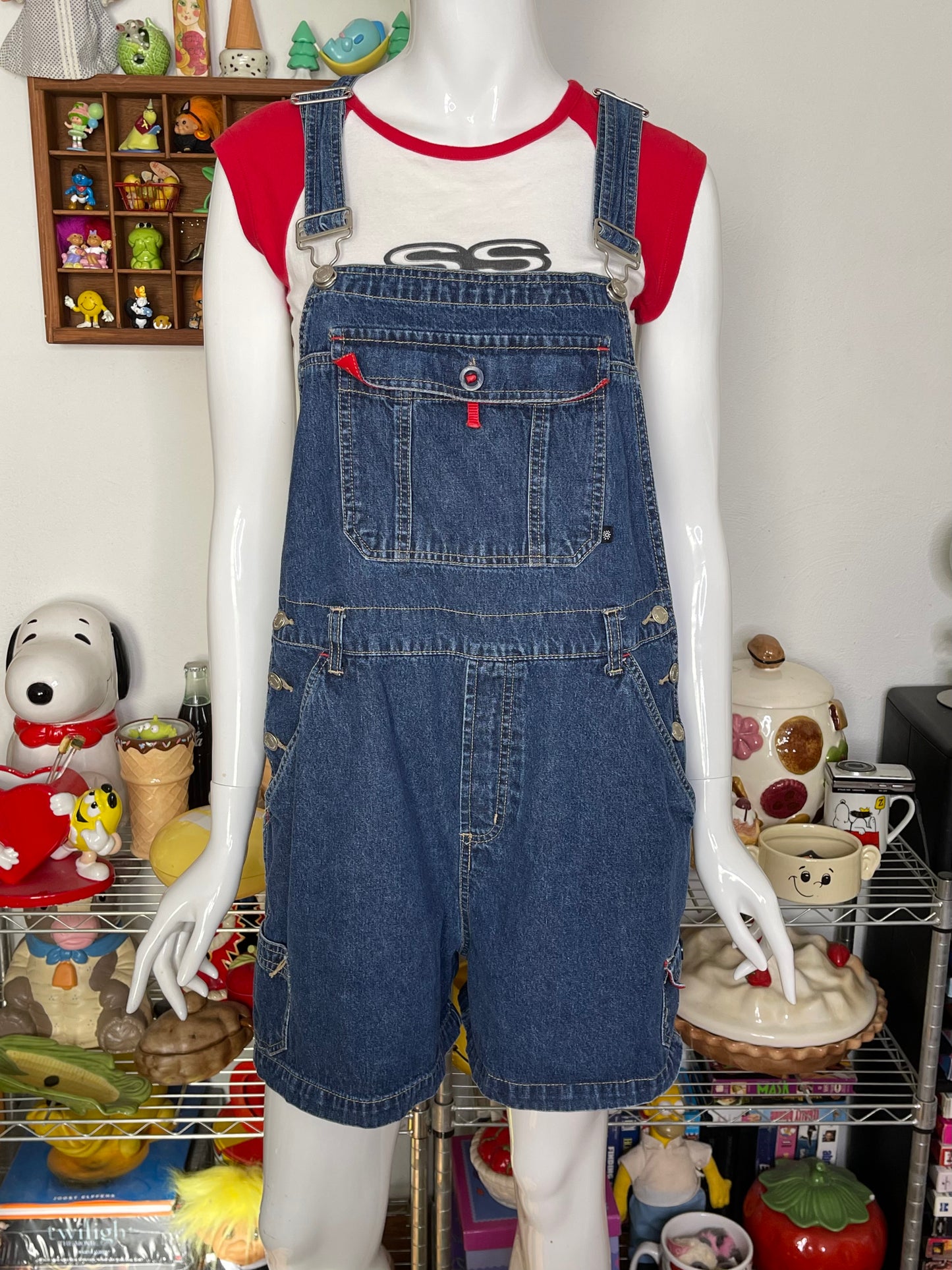 2000s Red Contrast Dark Wash Denim Overalls Sz M/L
