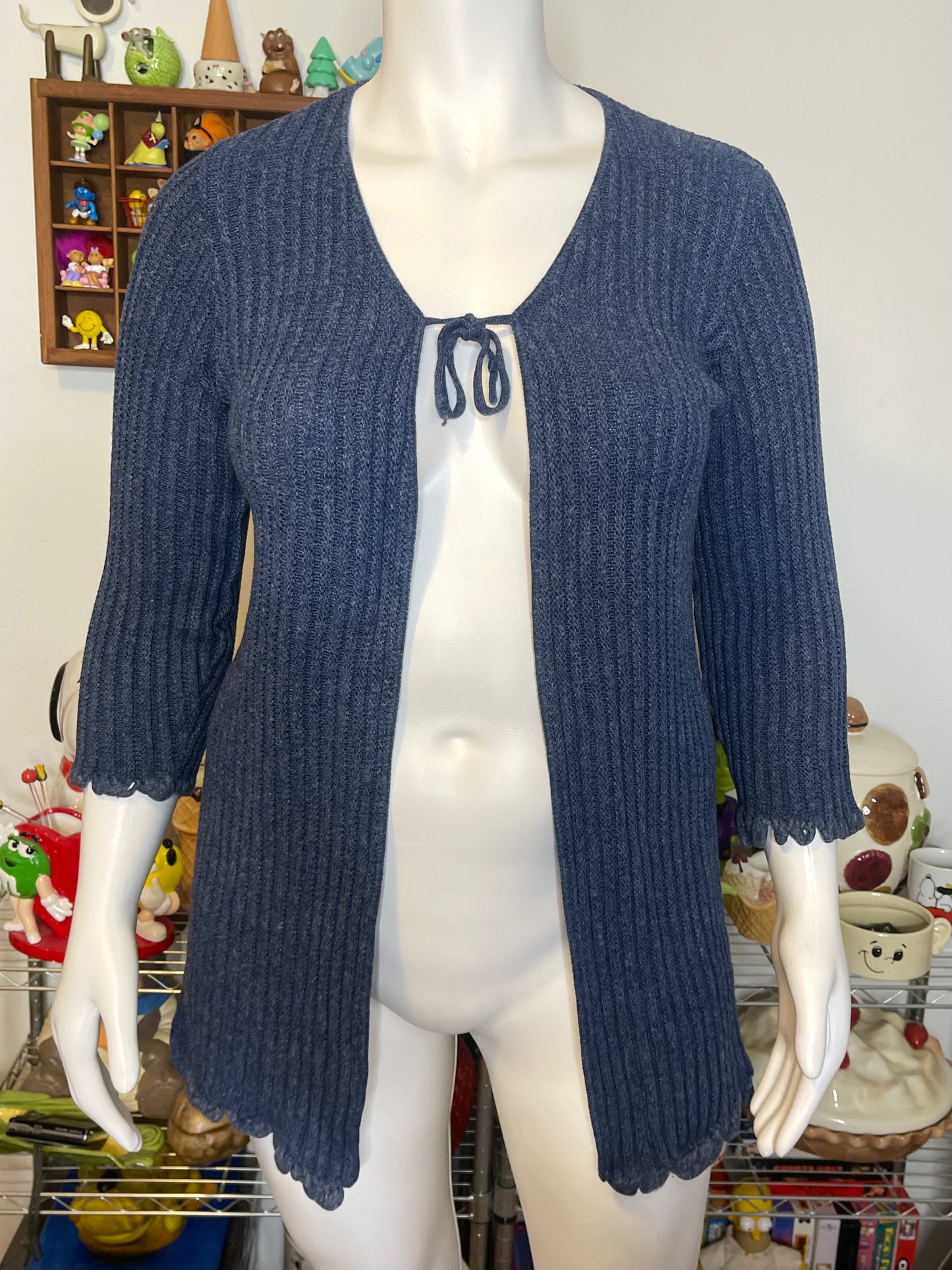 Vintage Blue Knit Tie Front 3/4 Sleeve Cardigan Sz M
