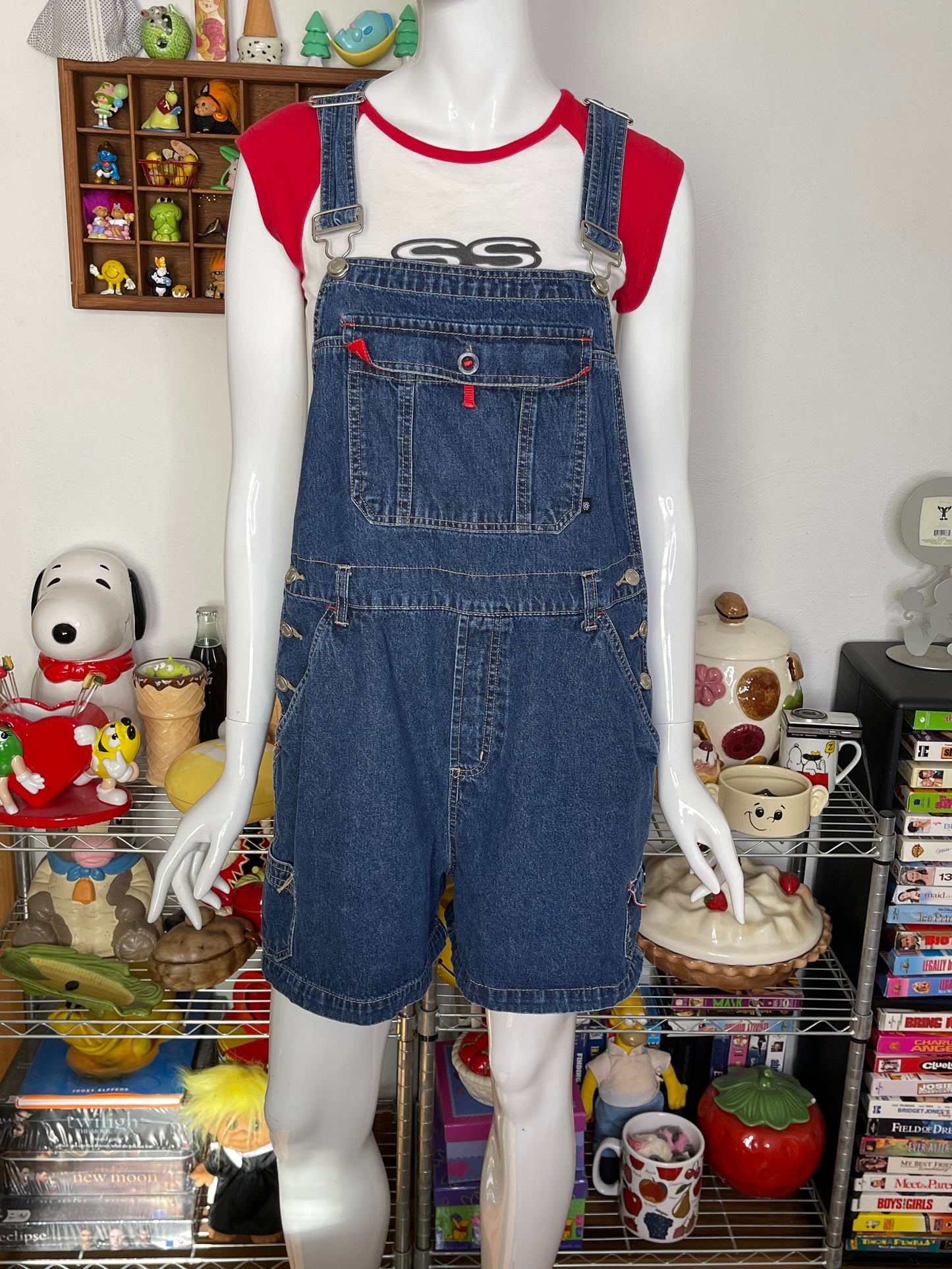 2000s Red Contrast Dark Wash Denim Overalls Sz M/L