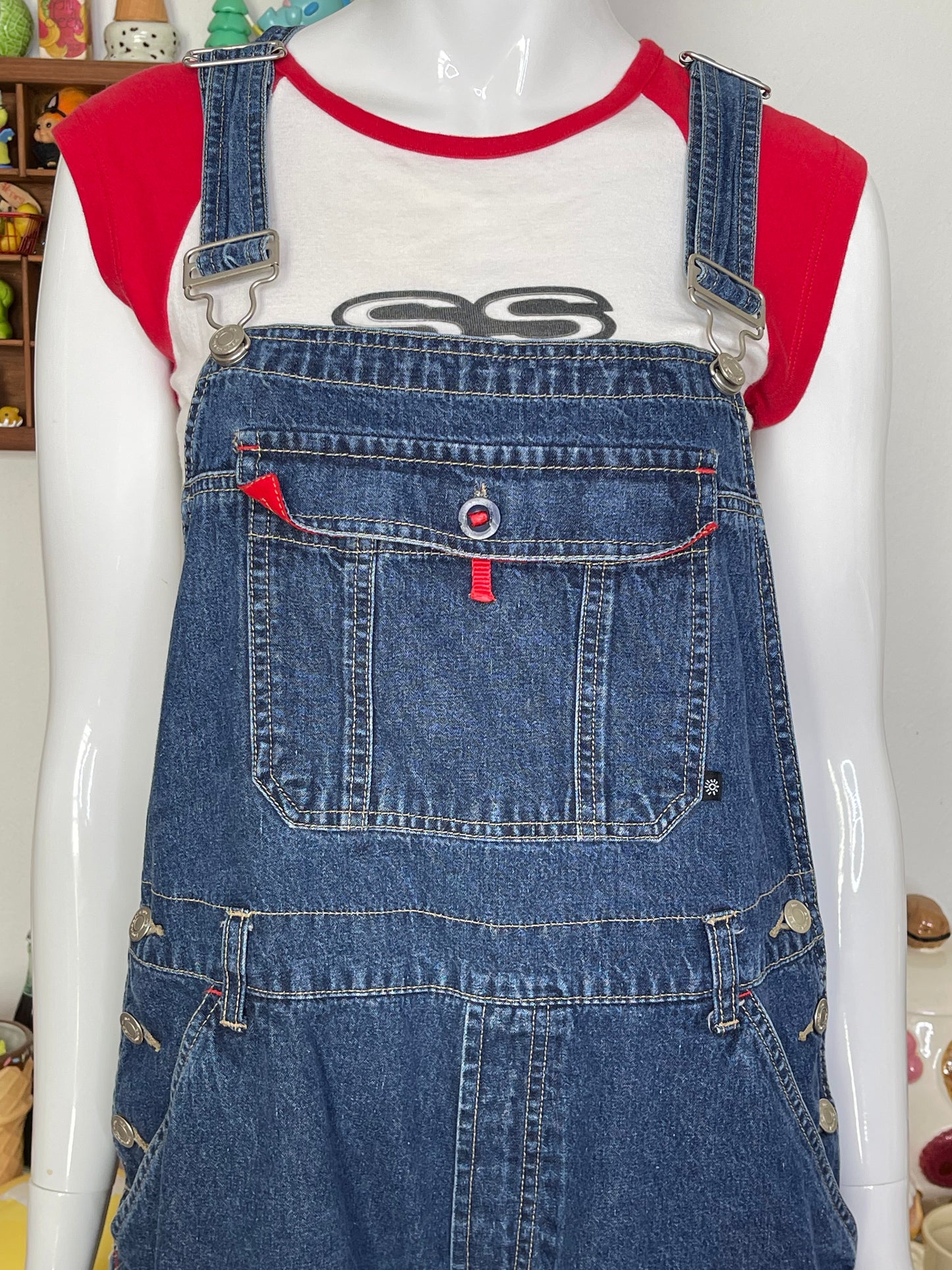 2000s Red Contrast Dark Wash Denim Overalls Sz M/L