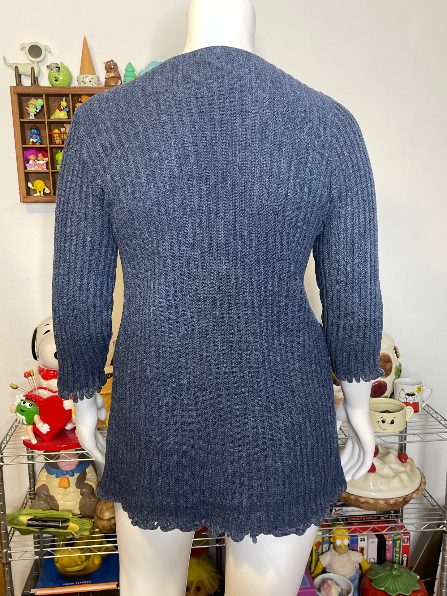 Vintage Blue Knit Tie Front 3/4 Sleeve Cardigan Sz M