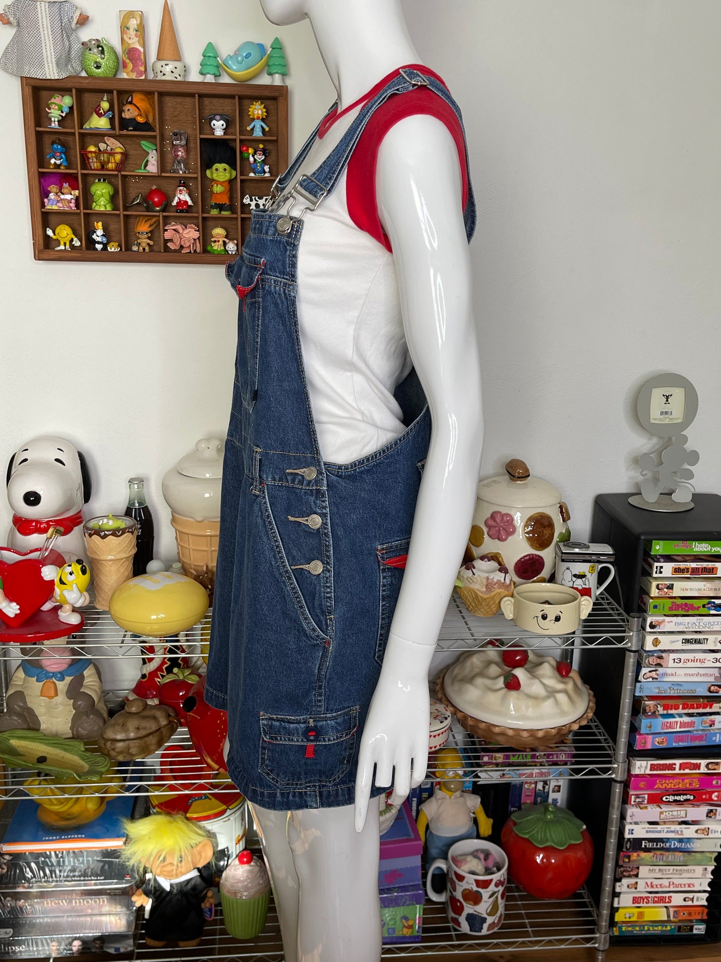2000s Red Contrast Dark Wash Denim Overalls Sz M/L