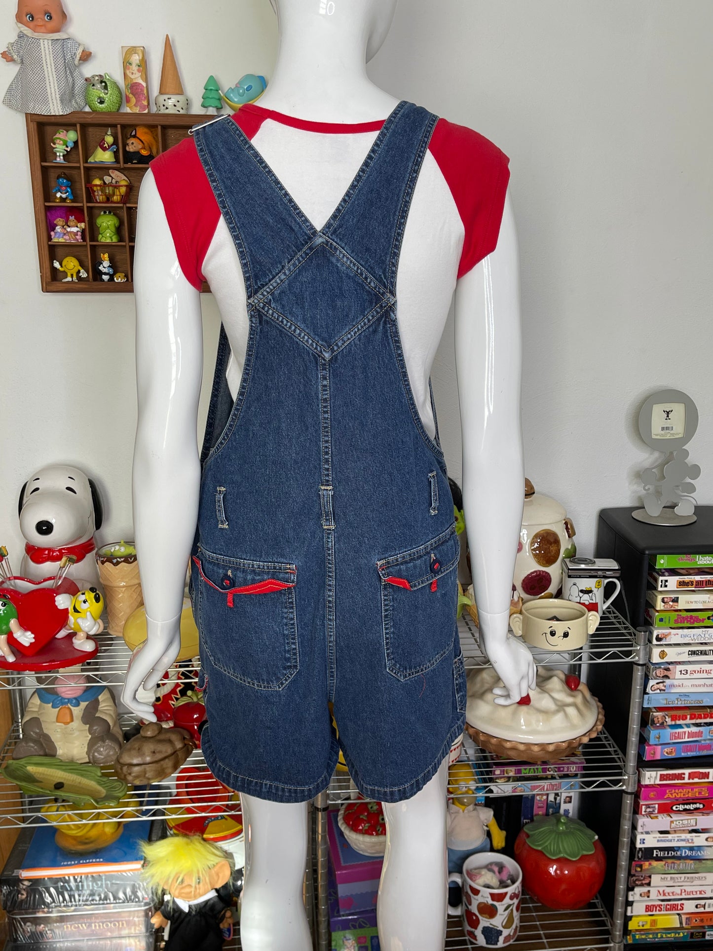 2000s Red Contrast Dark Wash Denim Overalls Sz M/L
