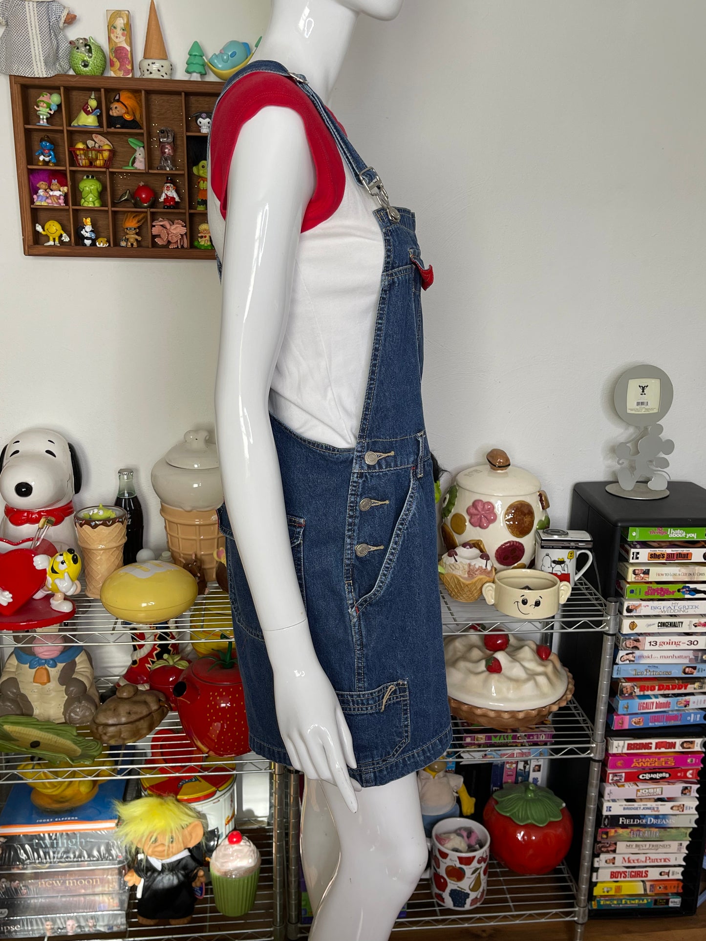2000s Red Contrast Dark Wash Denim Overalls Sz M/L