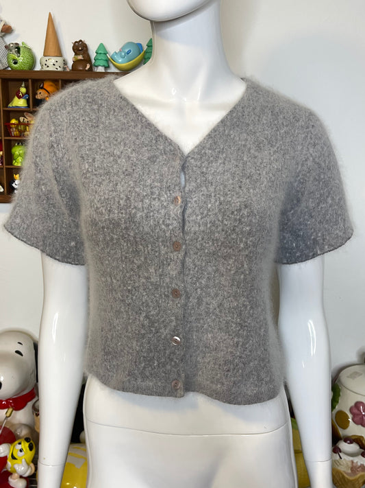 2000s Gray Fuzzy Angora Knit Short Sleeve Cropped Cardigan Sz M