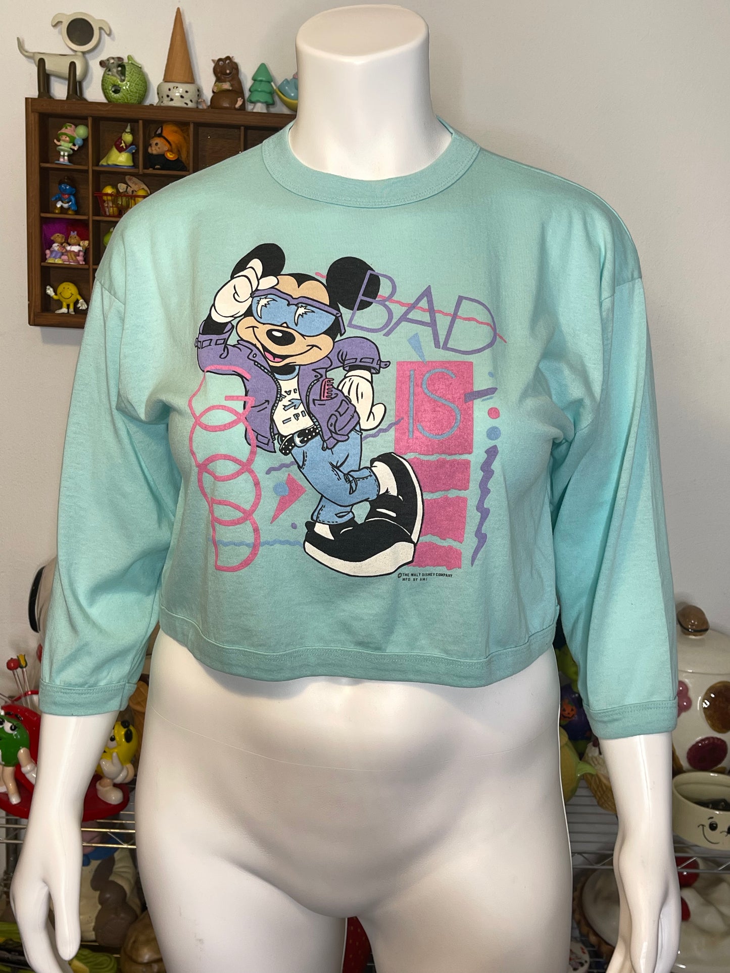 Vintage 80s Mickey Mouse Cropped Long Sleeve Sz L