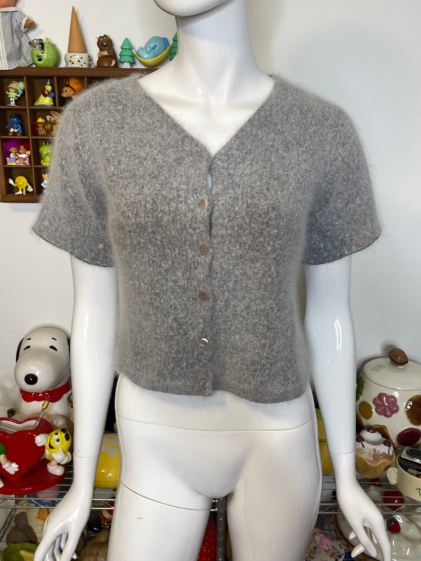 2000s Gray Fuzzy Angora Knit Short Sleeve Cropped Cardigan Sz M