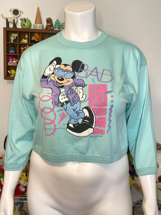 Vintage 80s Mickey Mouse Cropped Long Sleeve Sz L