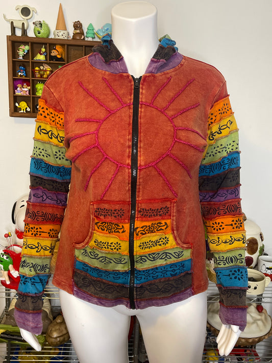 Rainbow Colorful Hippie Boho Style Zip-Up Hoodie Sz L/XL