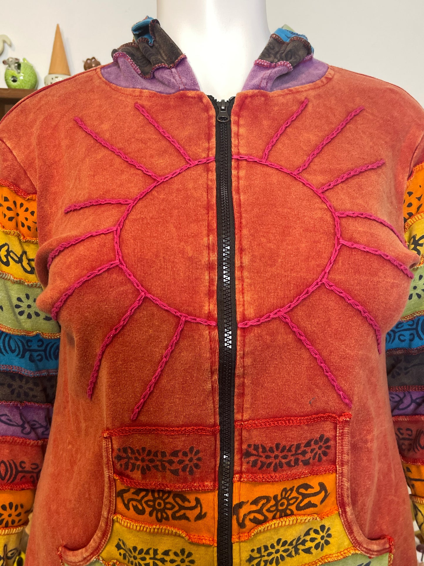 Rainbow Colorful Hippie Boho Style Zip-Up Hoodie Sz L/XL