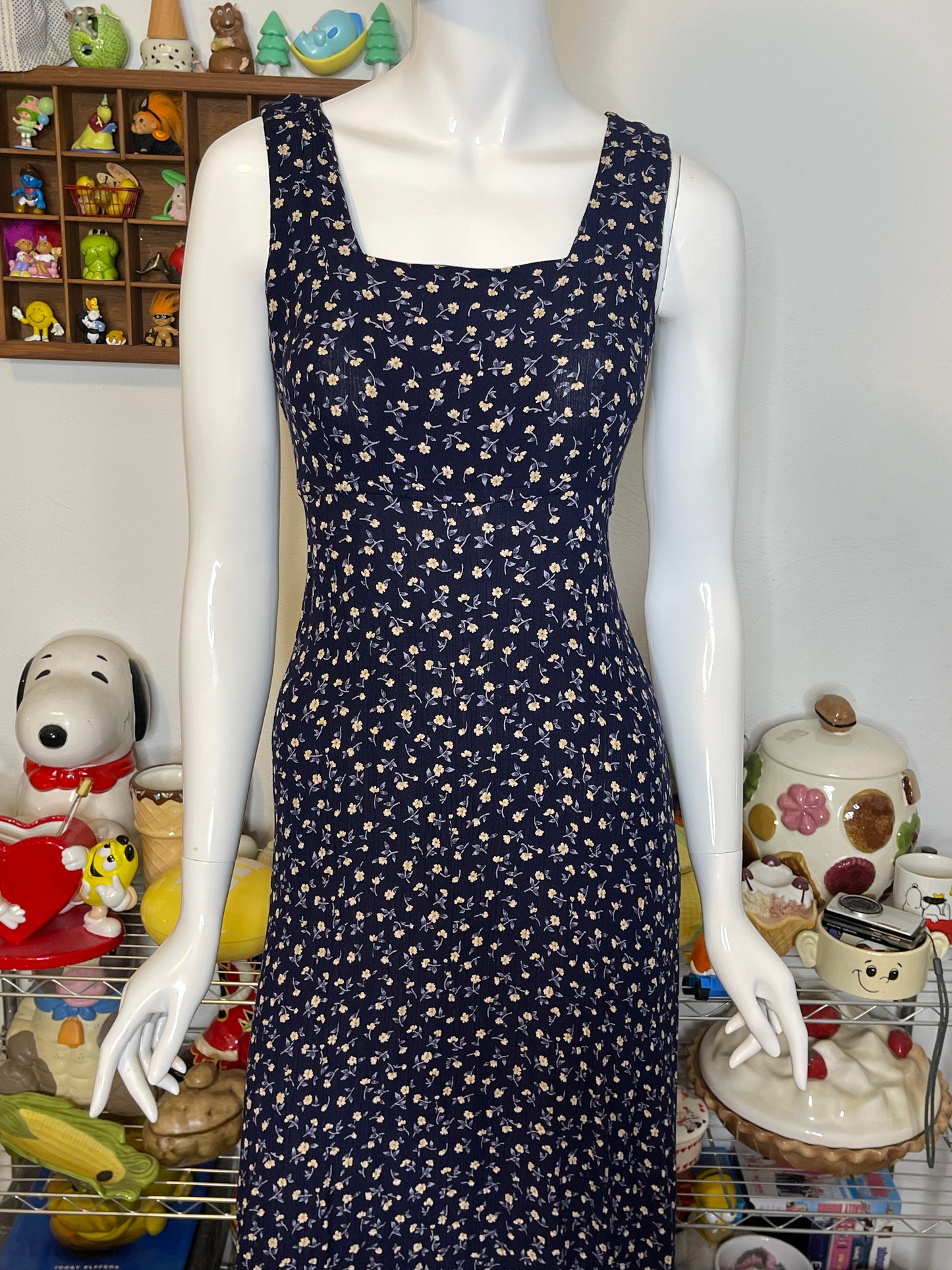 Vintage Navy Blue & Yellow Floral Maxi Dress Sz S/M