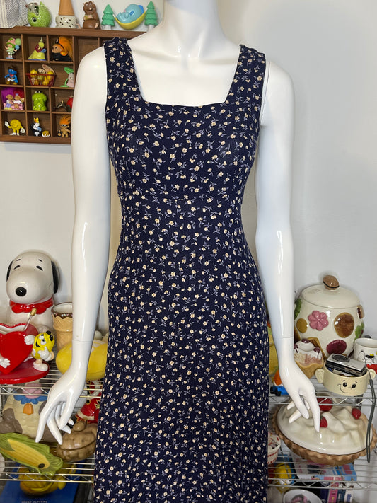 Vintage Navy Blue & Yellow Floral Maxi Dress Sz S/M