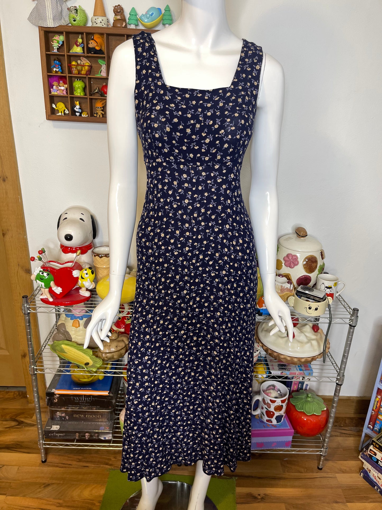 Vintage Navy Blue & Yellow Floral Maxi Dress Sz S/M