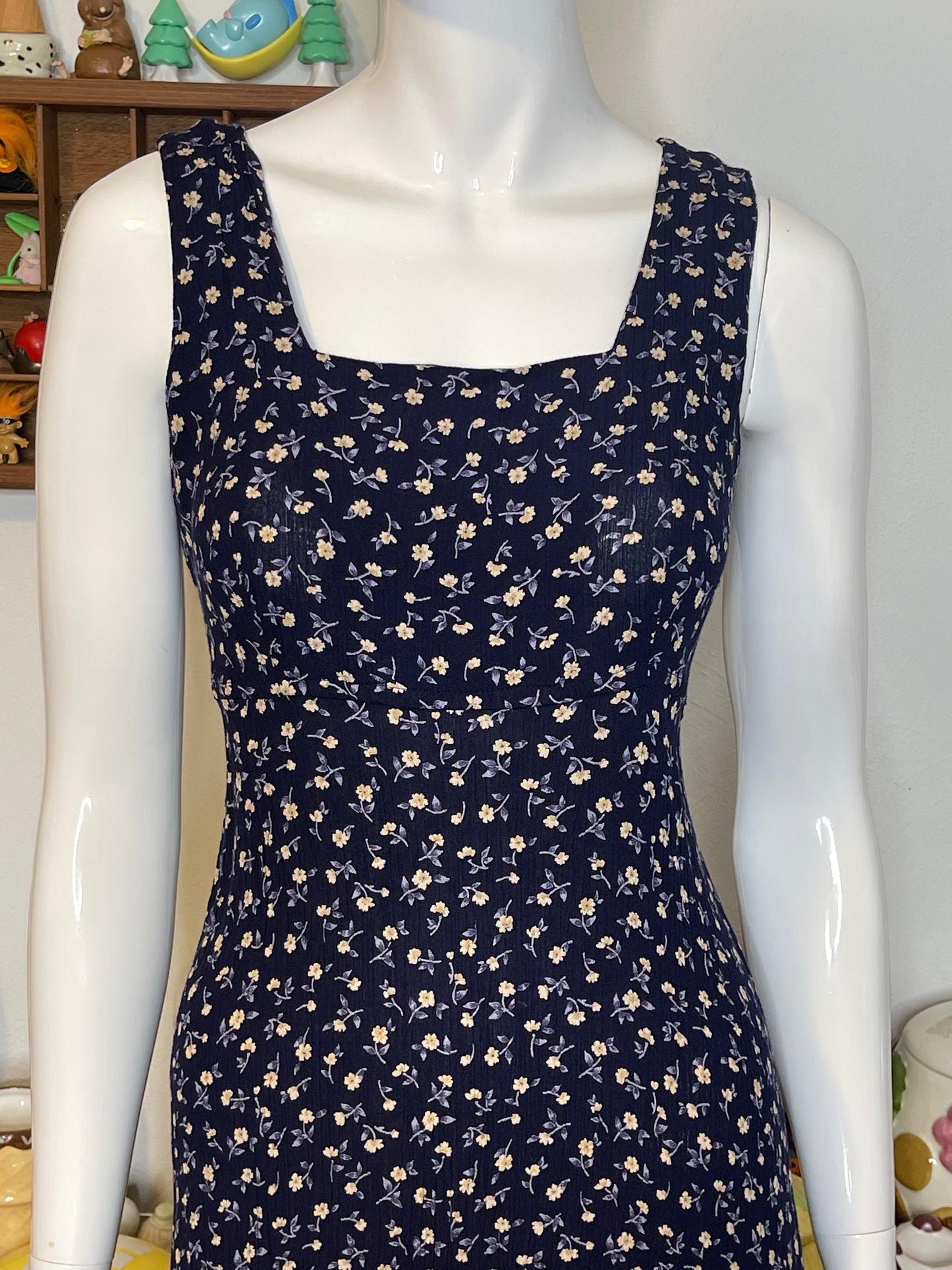 Vintage Navy Blue & Yellow Floral Maxi Dress Sz S/M