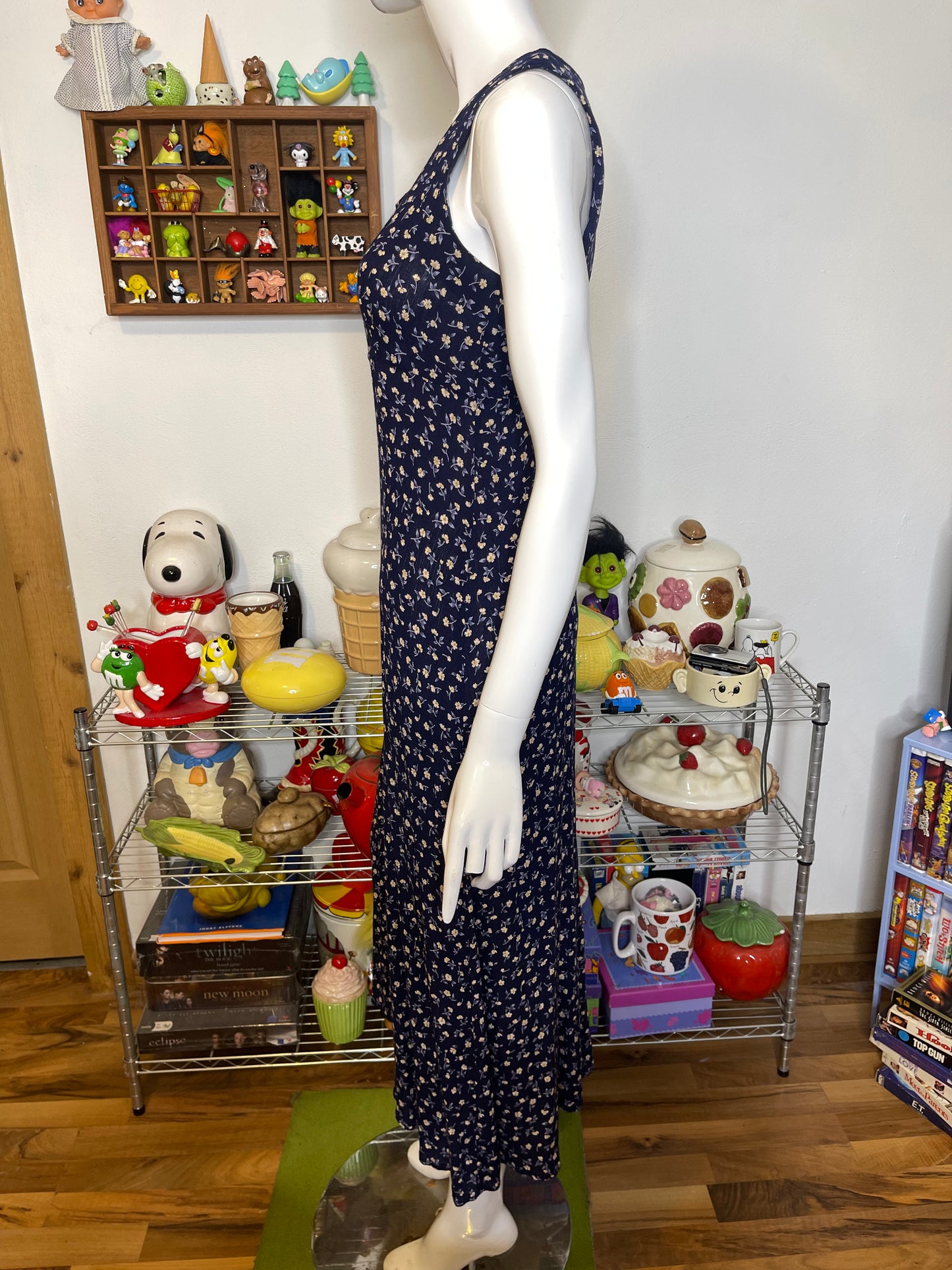 Vintage Navy Blue & Yellow Floral Maxi Dress Sz S/M