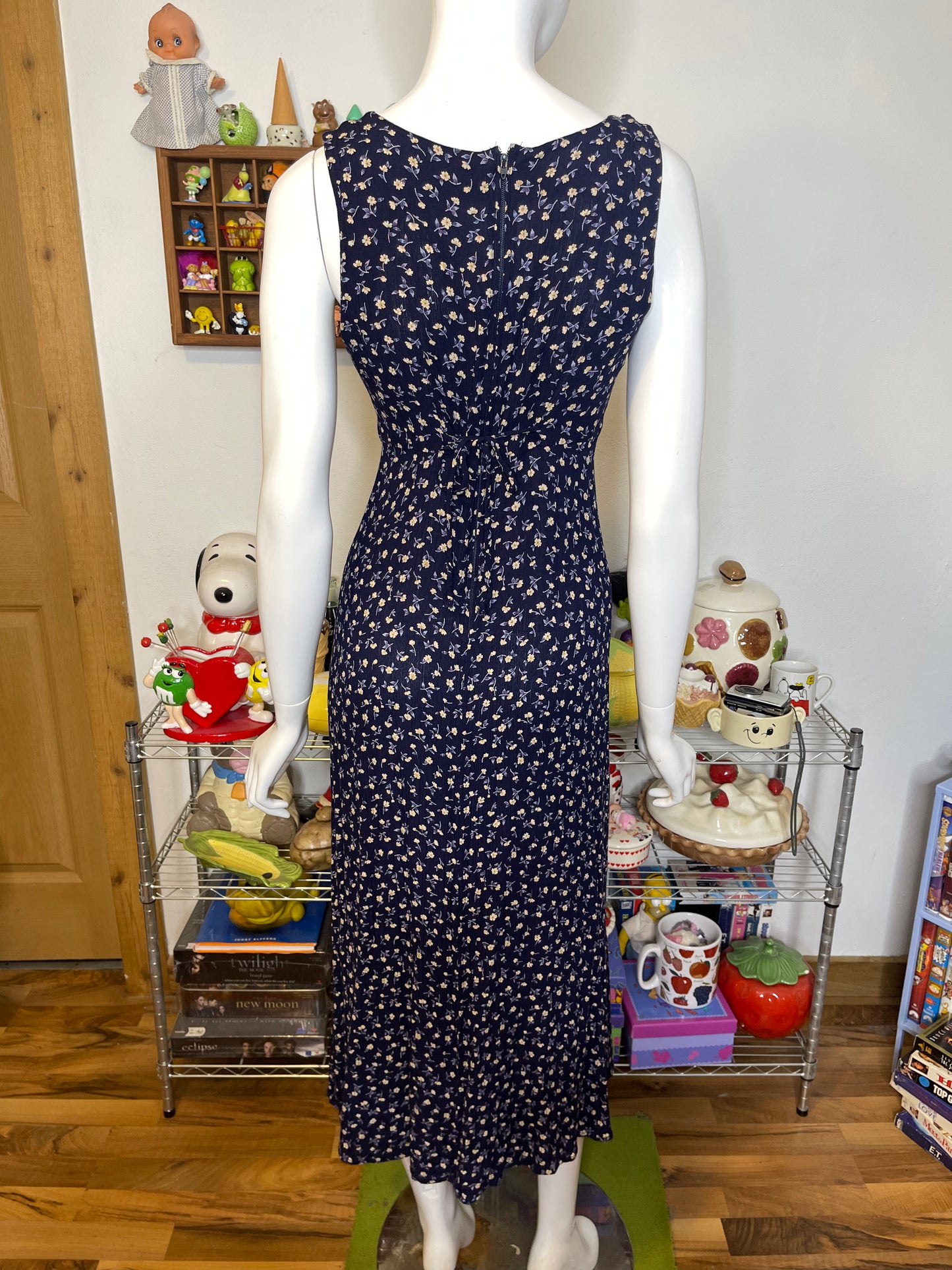 Vintage Navy Blue & Yellow Floral Maxi Dress Sz S/M