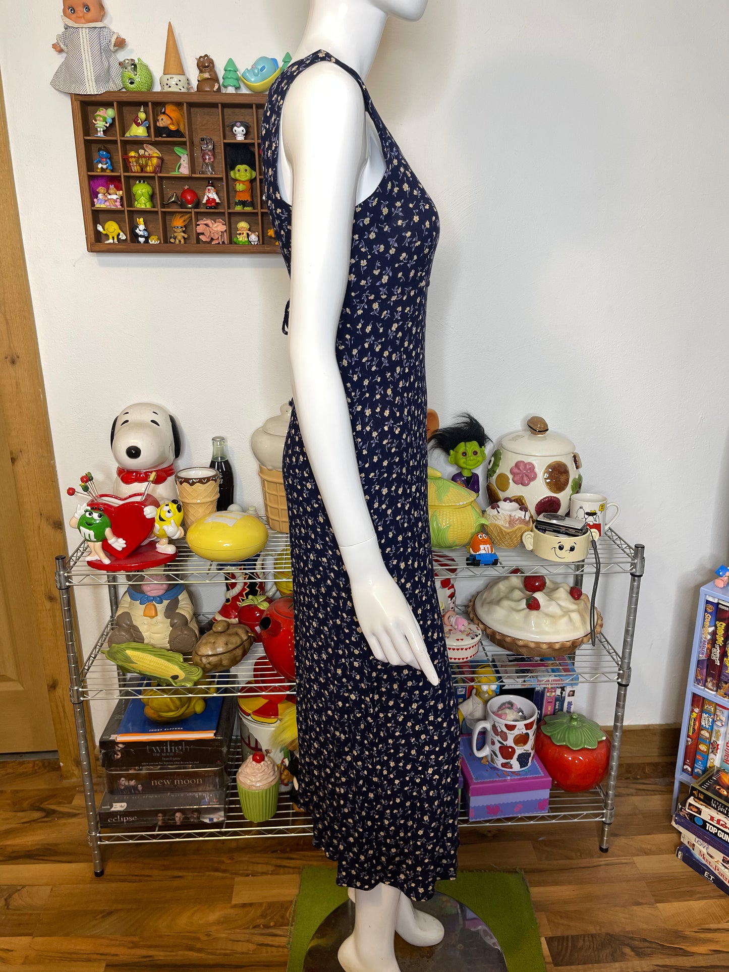 Vintage Navy Blue & Yellow Floral Maxi Dress Sz S/M