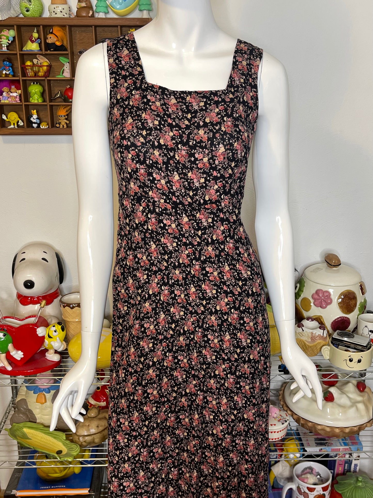 Vintage 90s Black Flower Print Maxi Dress Sz 8/P