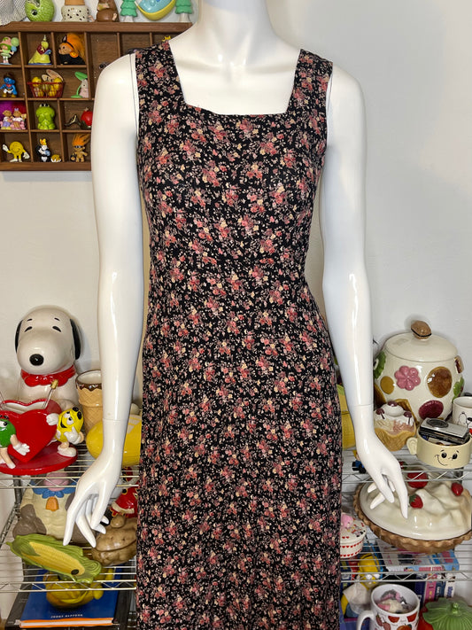 Vintage 90s Black Flower Print Maxi Dress Sz 8/P