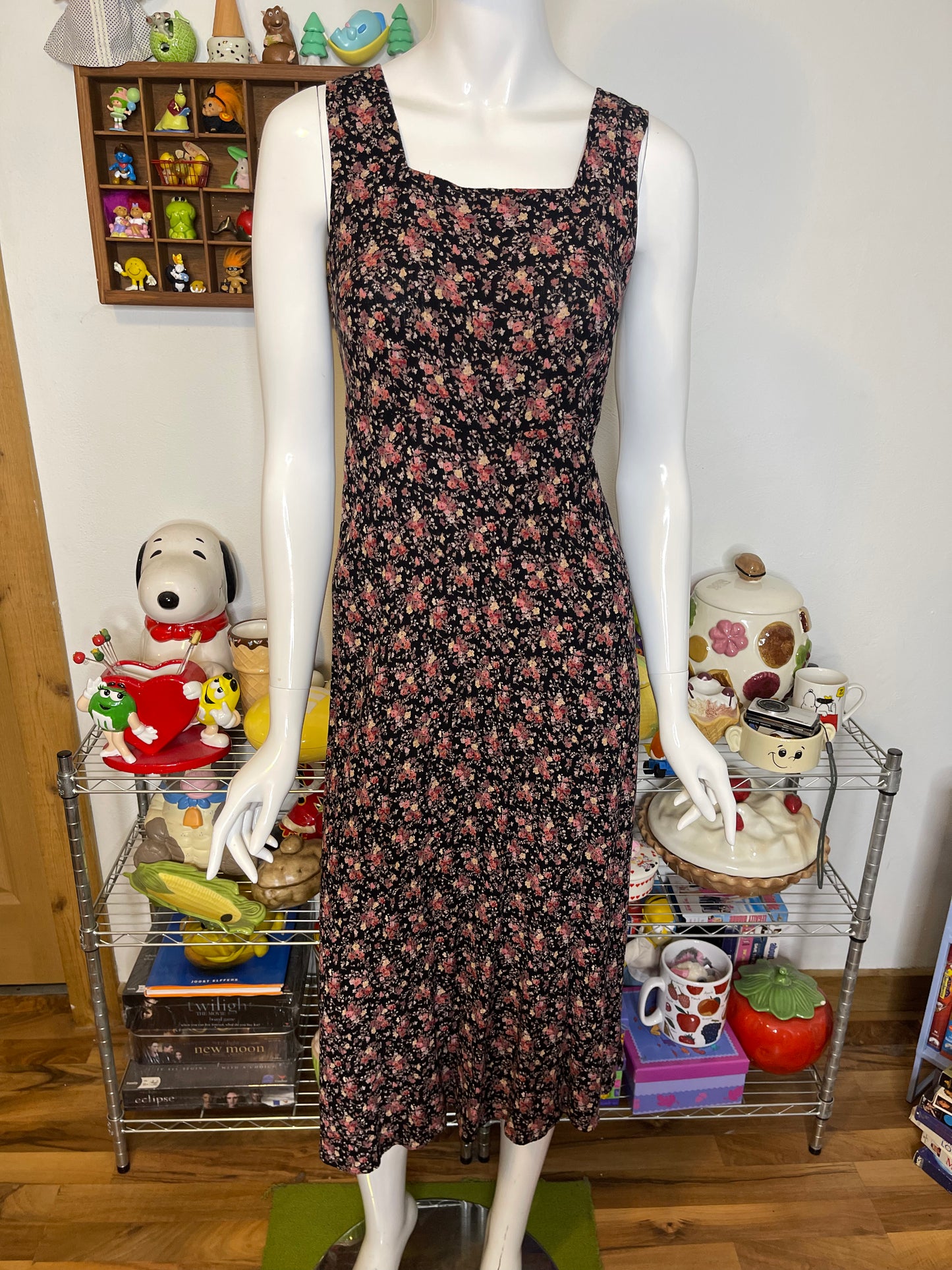 Vintage 90s Black Flower Print Maxi Dress Sz 8/P