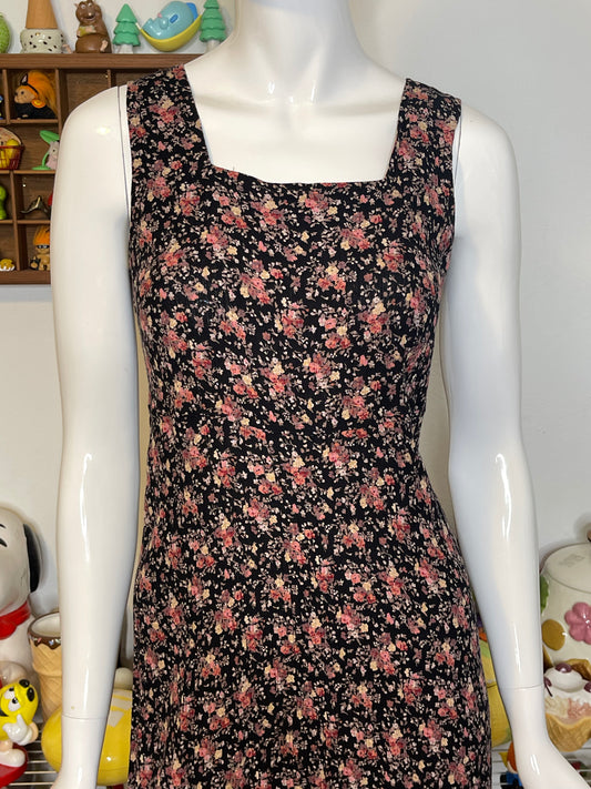 Vintage 90s Black Flower Print Maxi Dress Sz 8/P