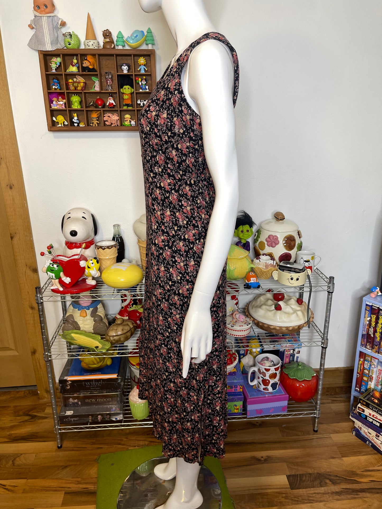 Vintage 90s Black Flower Print Maxi Dress Sz 8/P