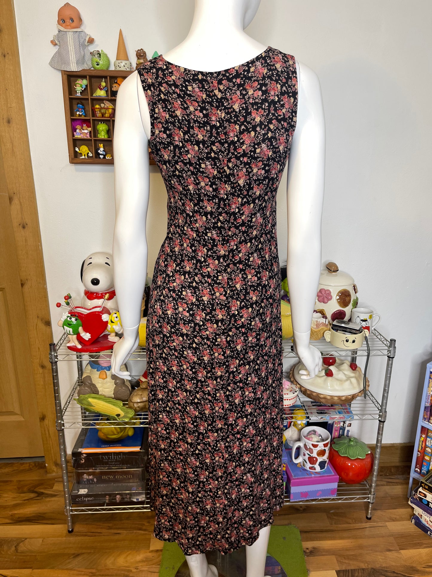 Vintage 90s Black Flower Print Maxi Dress Sz 8/P