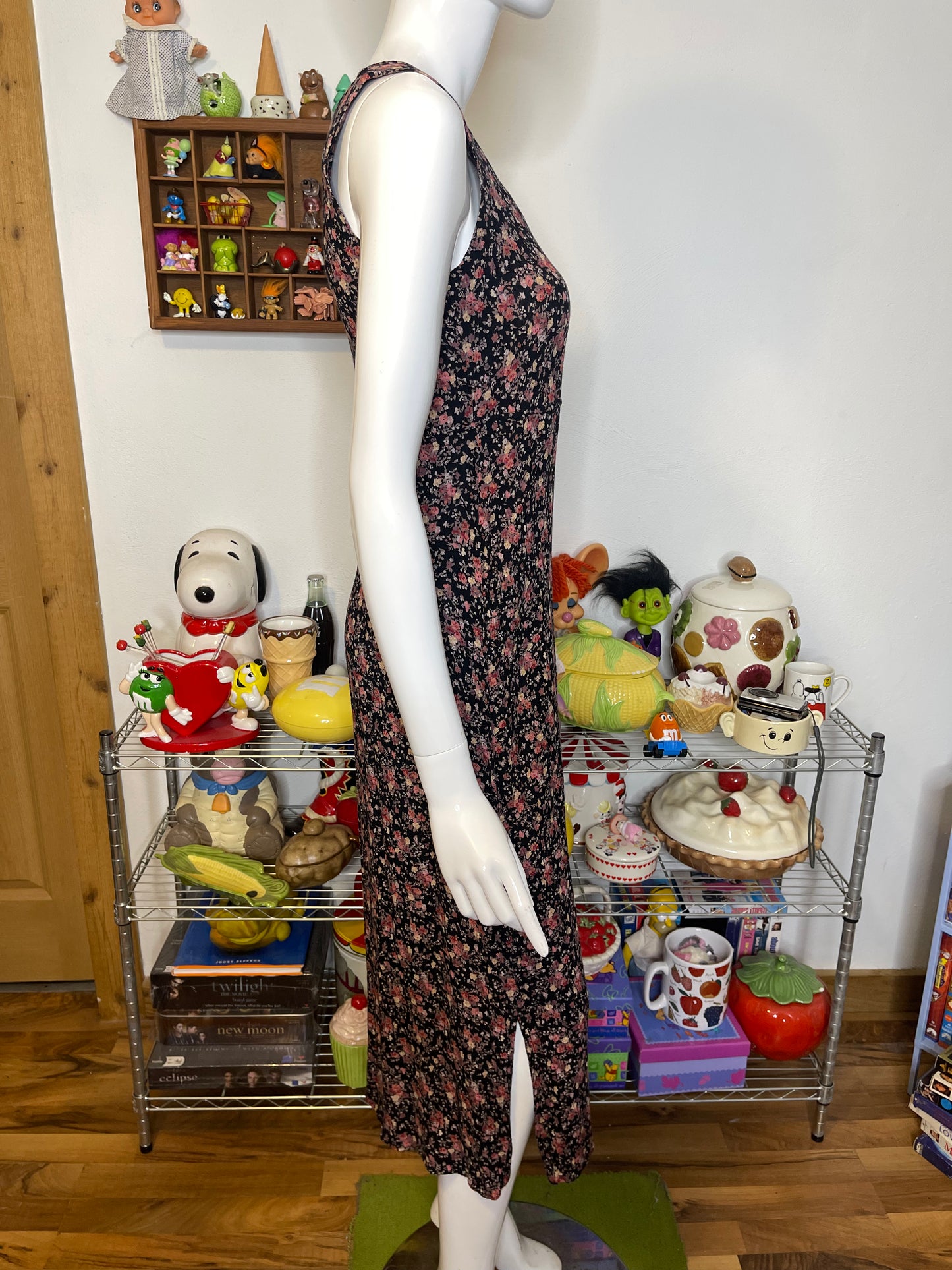 Vintage 90s Black Flower Print Maxi Dress Sz 8/P