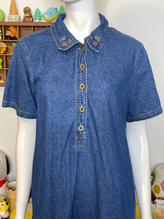 Vintage Flower Embroidered 2-Tone Denim Oversized Dress Sz M