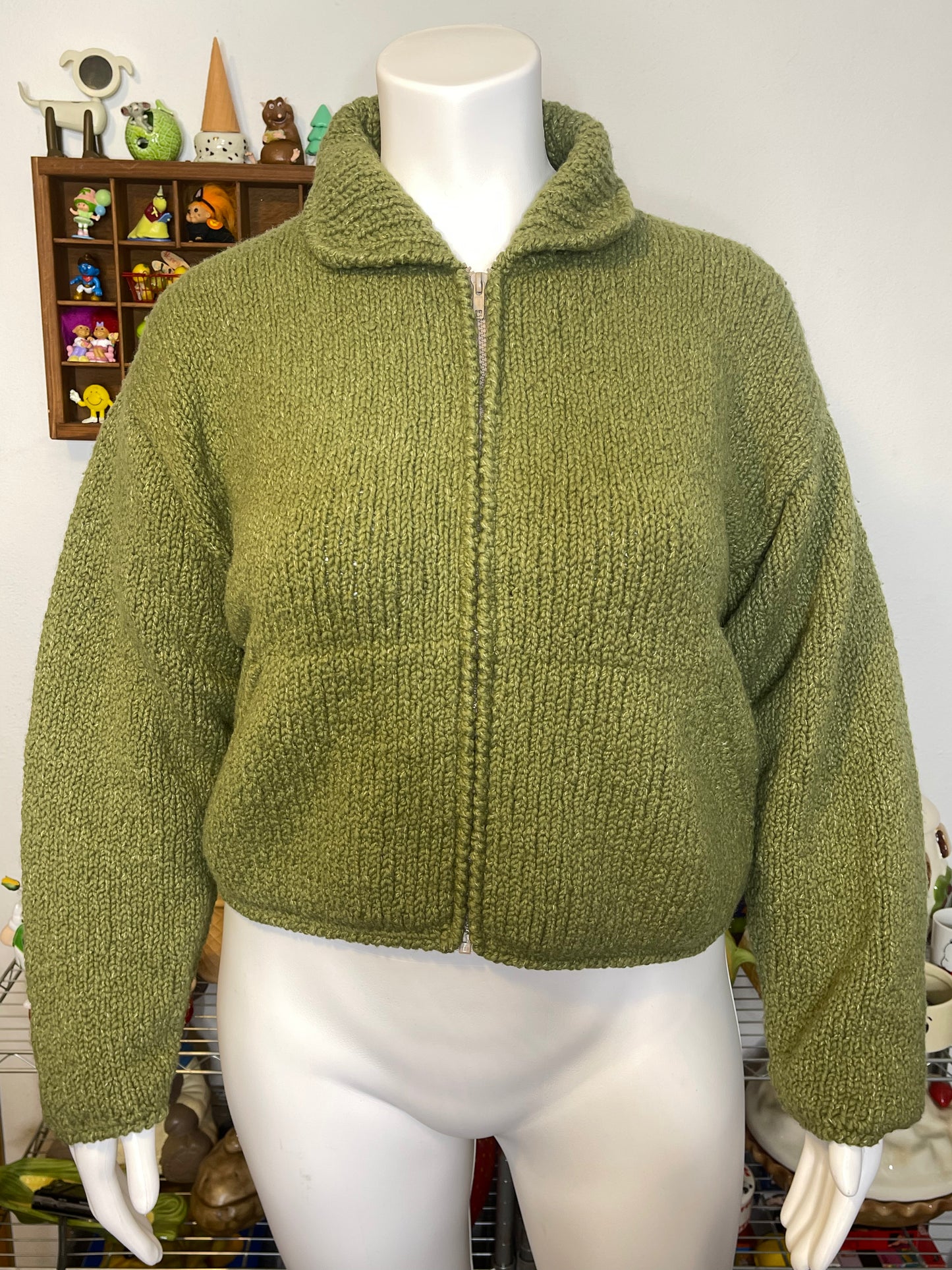 Chunky Moss Green Hand Knit Wool Zip-Up Sweater Sz XL