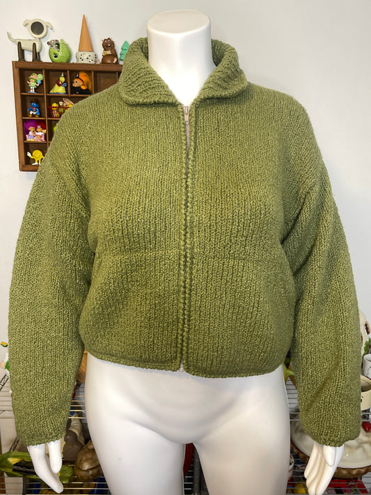 Chunky Moss Green Hand Knit Wool Zip-Up Sweater Sz XL