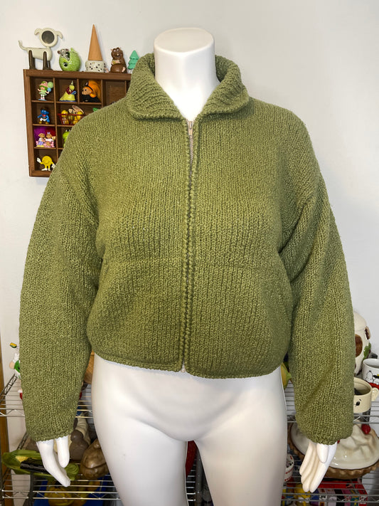 Chunky Moss Green Hand Knit Wool Zip-Up Sweater Sz XL