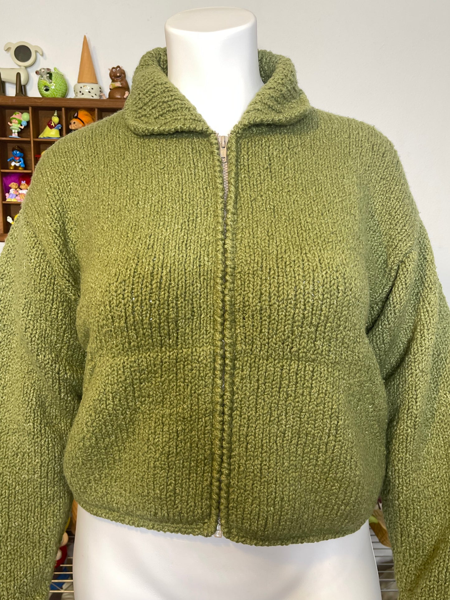 Chunky Moss Green Hand Knit Wool Zip-Up Sweater Sz XL
