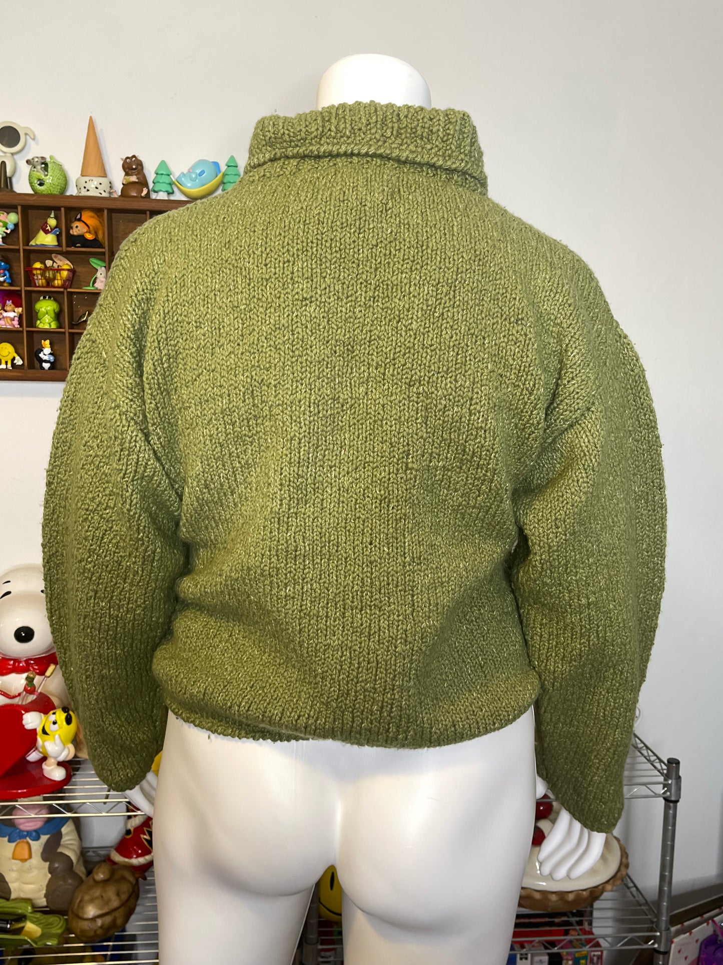 Chunky Moss Green Hand Knit Wool Zip-Up Sweater Sz XL