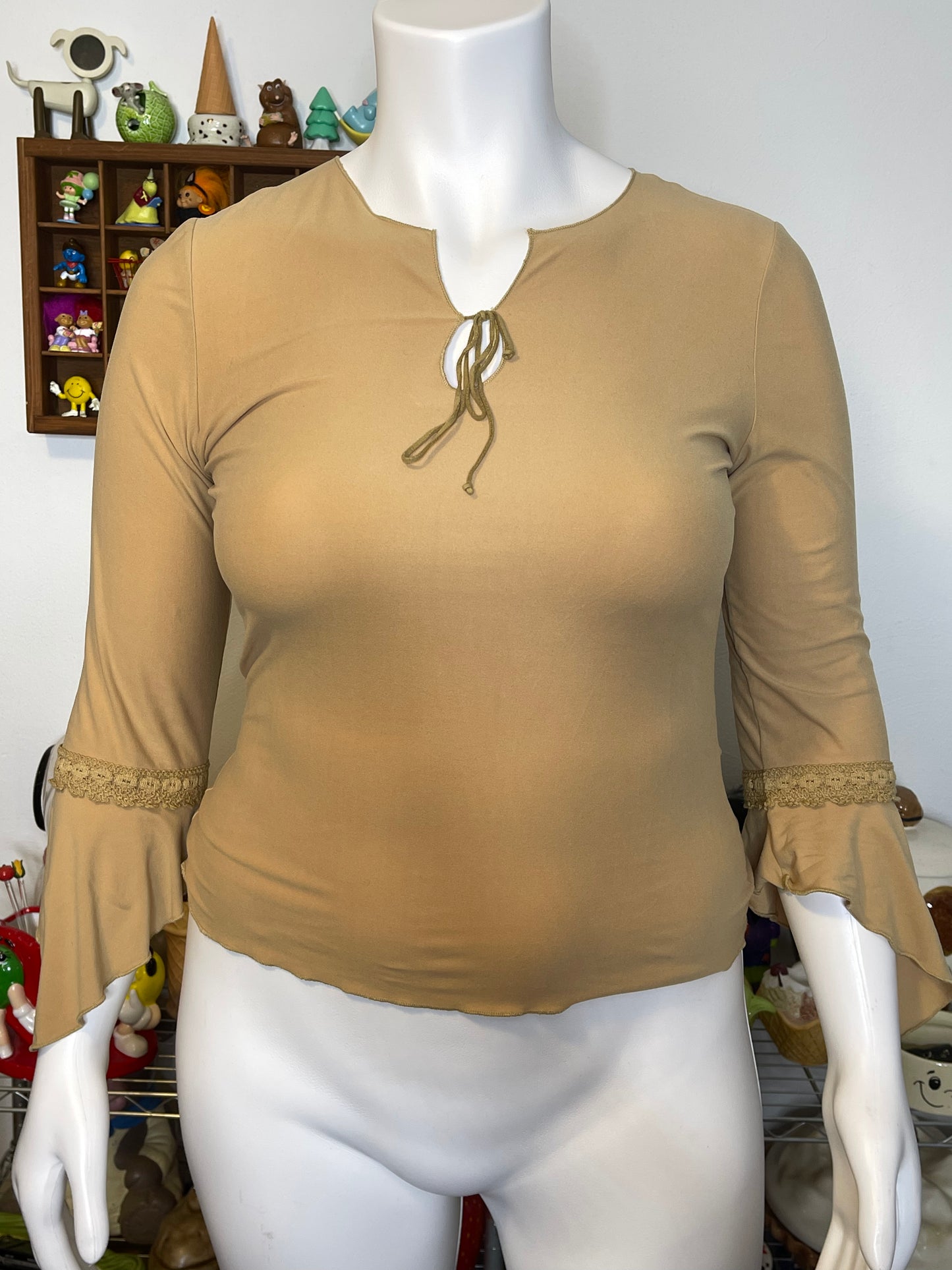 2000s Tan Boho Fairy Bell Sleeve Style Top Sz L