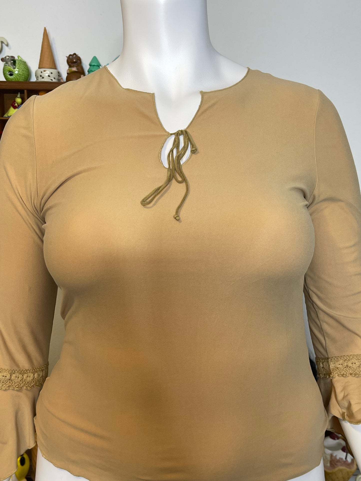 2000s Tan Boho Fairy Bell Sleeve Style Top Sz L