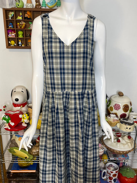 Vintage 90s Oversized Blue Cream Plaid Midi Maxi Dress Sz M/P