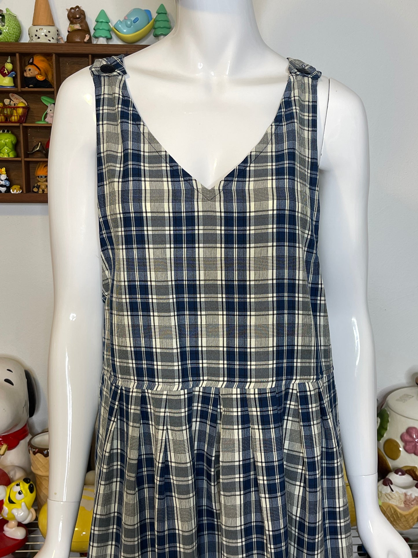 Vintage 90s Oversized Blue Cream Plaid Midi Maxi Dress Sz M/P