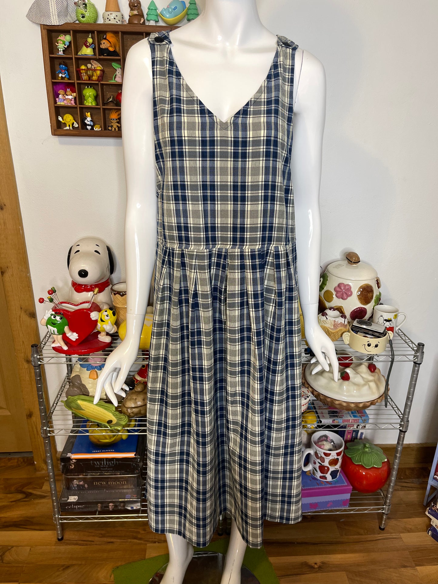 Vintage 90s Oversized Blue Cream Plaid Midi Maxi Dress Sz M/P