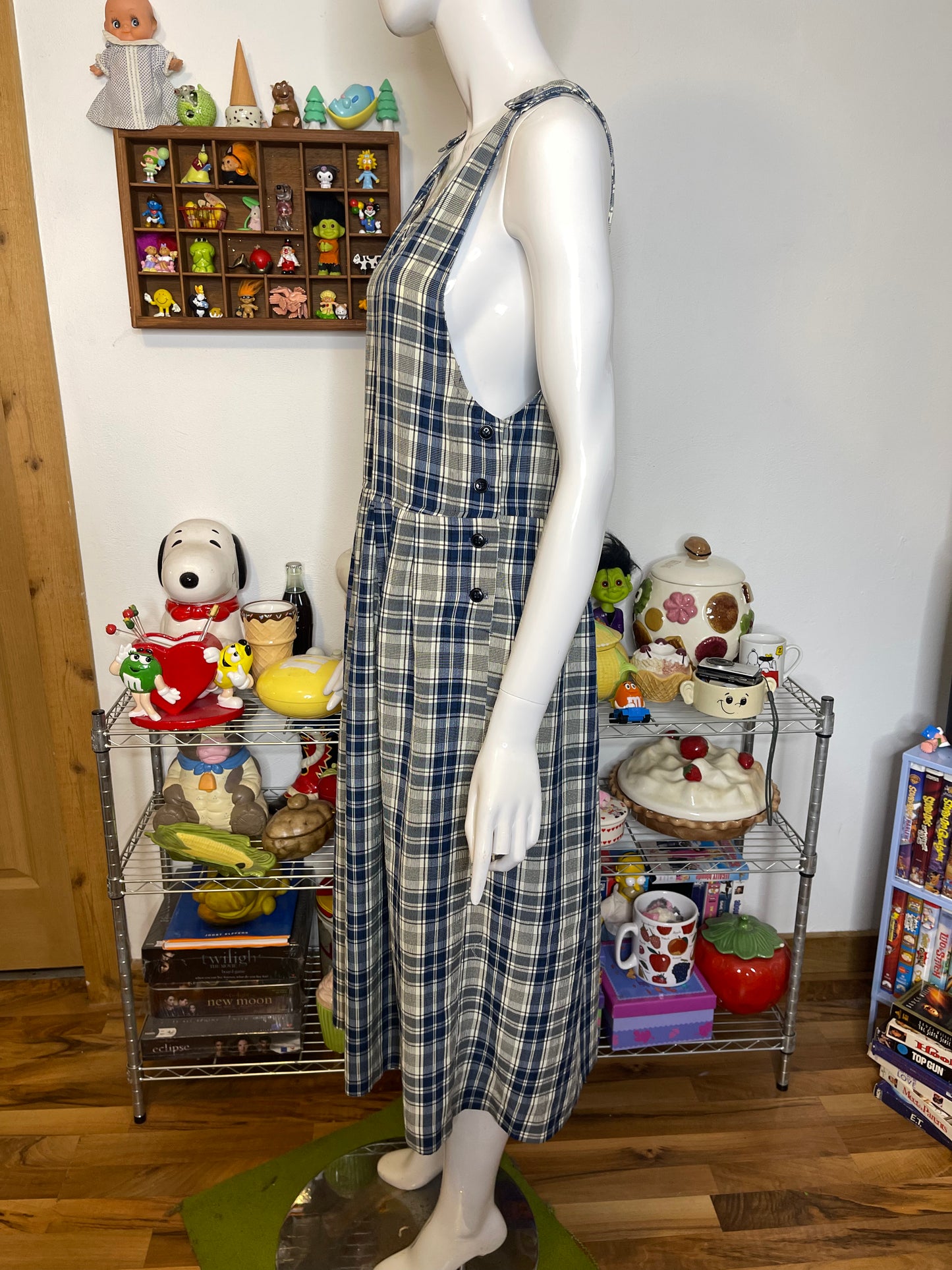 Vintage 90s Oversized Blue Cream Plaid Midi Maxi Dress Sz M/P