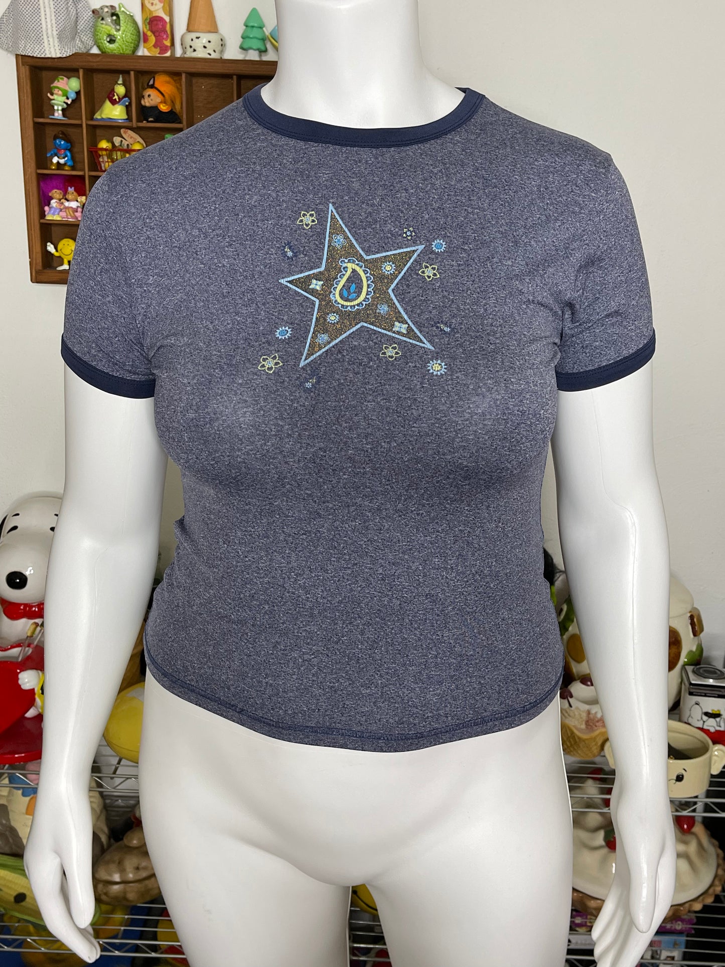 Vintage 2000s Stretchy Star Graphic Ringer Tee Sz M/L