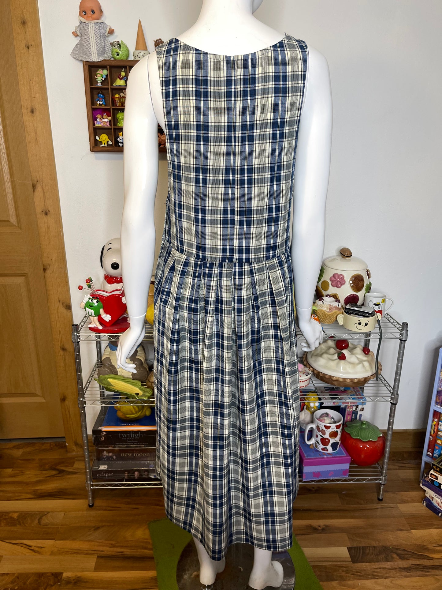 Vintage 90s Oversized Blue Cream Plaid Midi Maxi Dress Sz M/P
