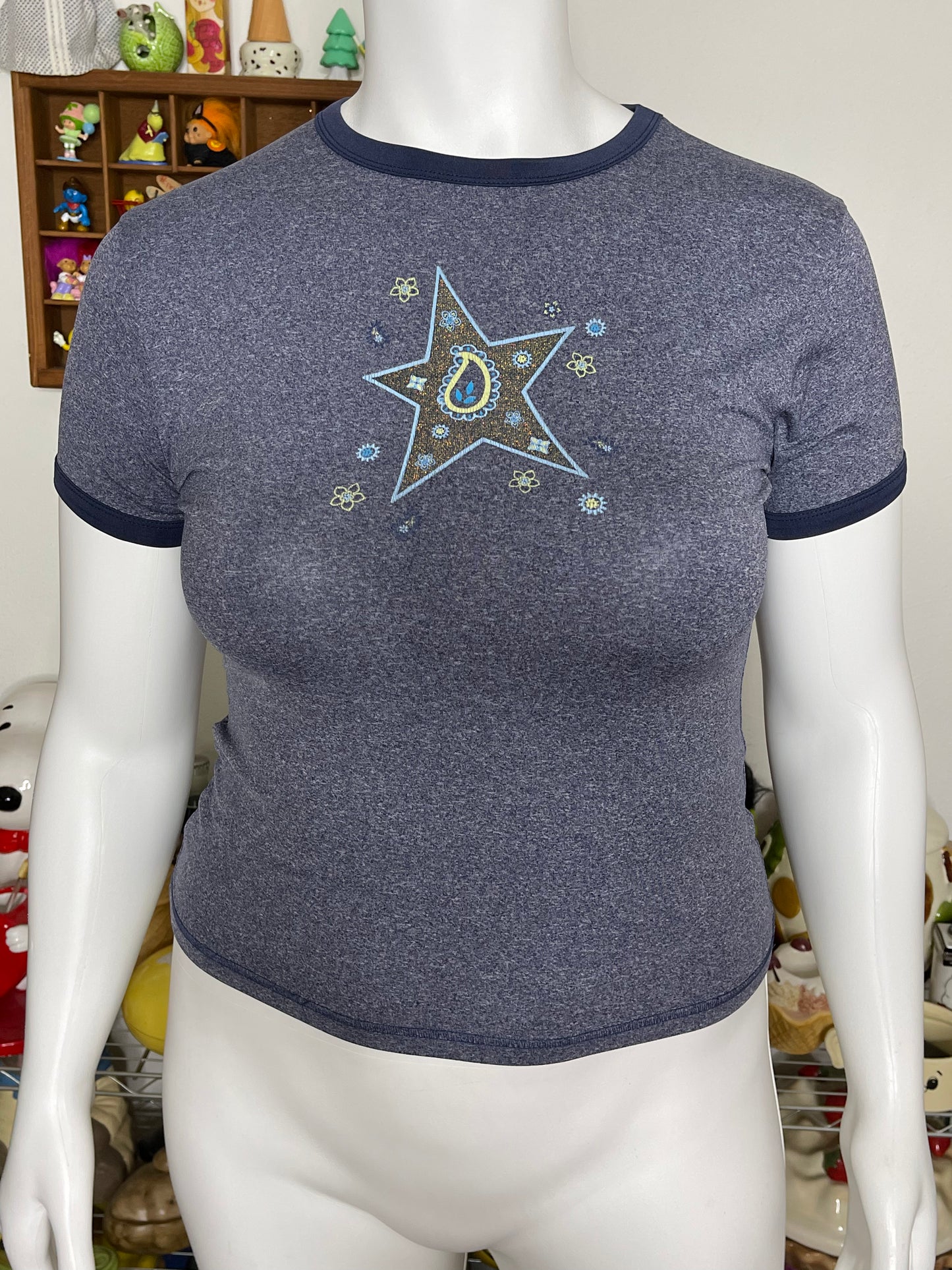Vintage 2000s Stretchy Star Graphic Ringer Tee Sz M/L