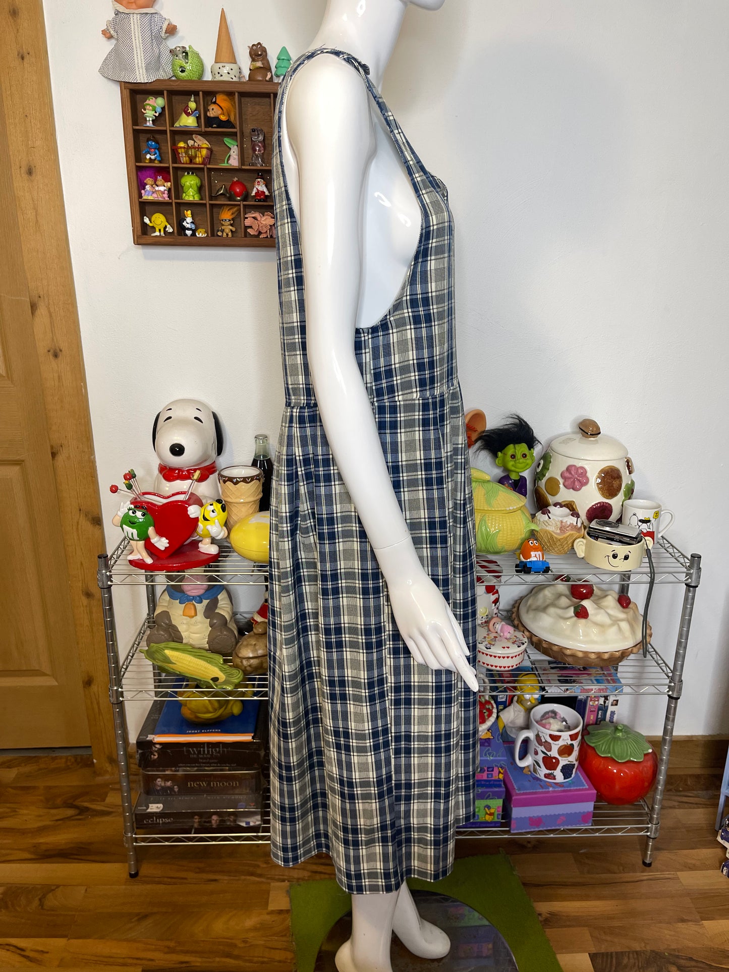 Vintage 90s Oversized Blue Cream Plaid Midi Maxi Dress Sz M/P
