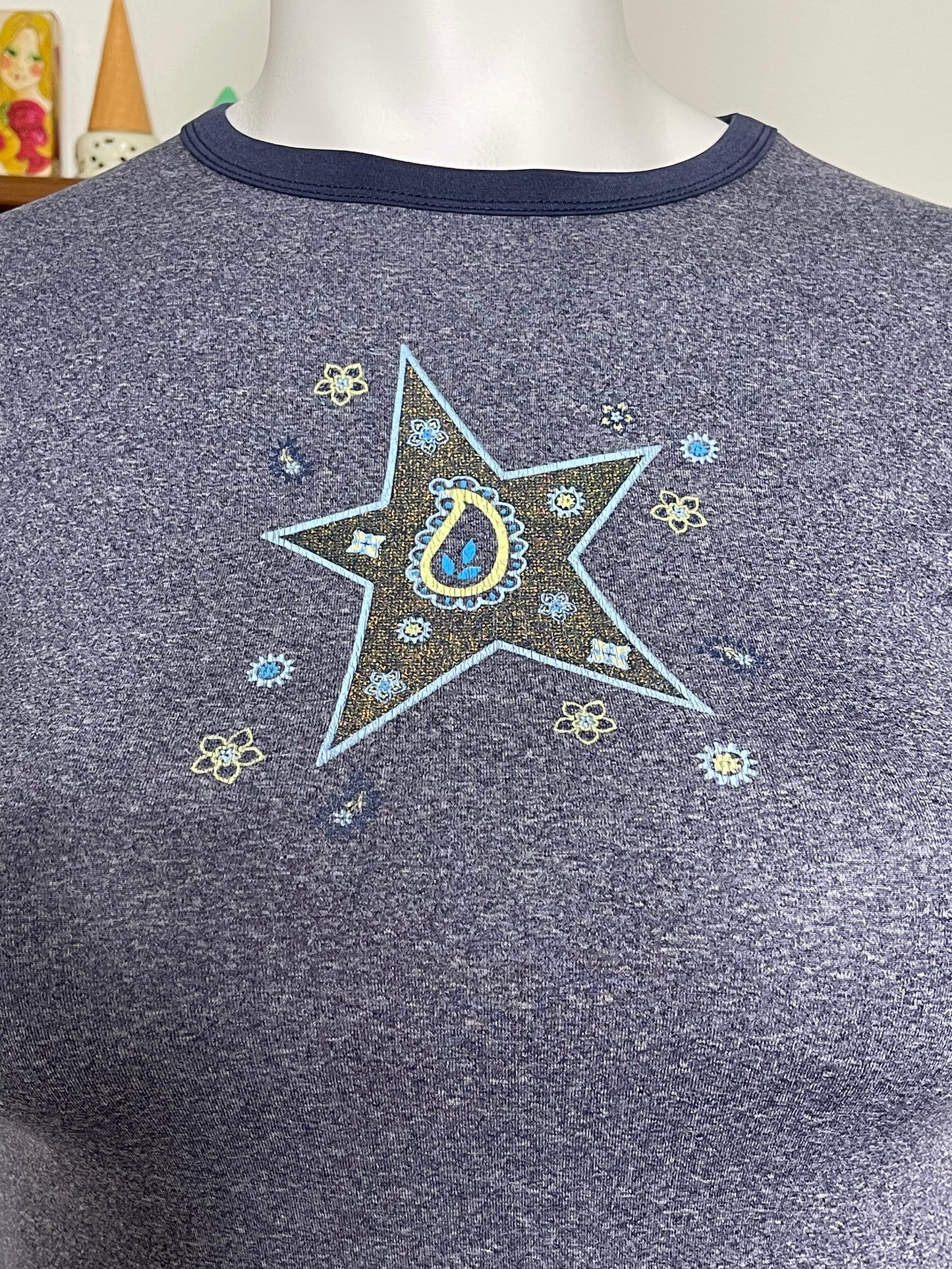 Vintage 2000s Stretchy Star Graphic Ringer Tee Sz M/L