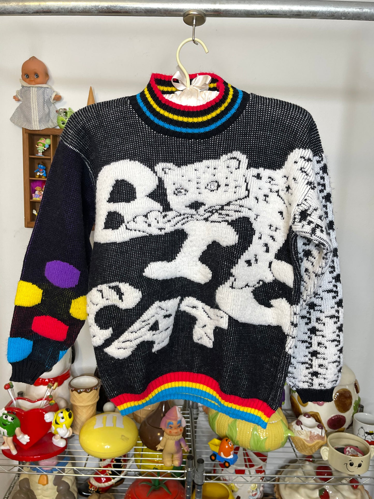 Vintage Colorful Big Cat Leopard Knit Kids Sweater Sz XL